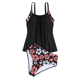 ZAFUL Two Piece Tankini Swimsuit for Women High Waisted Tummy Control Bathing Suit Double Up Tankini Set Black+Pink Flower XL