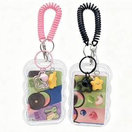 2 Pcs Photocard Holder Keychain,Cute K-pop Photocard Holder Keychain with Star Bell Keychain Pendant,Transparent Photo Keychain Holders for Student/ID/Credit/Bus Cards,Ideal Gift for Fans(Black/Pink)