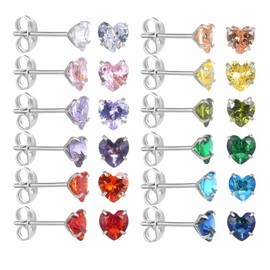 12 Pairs 18K Gold Plated Surgical Stainless Steel Stud Earring, Round Heart Star Square Teardrop Cubic Zirconia Birthstone Stud Earrings Set for Women (Silver heart 3mm)