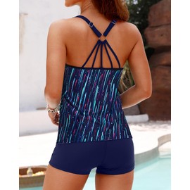 Yonique Two Piece Tankini Swimsuits for Women with Shorts Tummy Control Bathing Suits Athletic Swimwear Blue Colorful Galaxy M