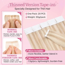 SEGO Pro Tape in Hair Extensions Human Hair Thin Tape Extensions Straight Natural Look for Women, 12 Inch 20 Pcs 30g (Ash Blonde mix Bleach Blonde)