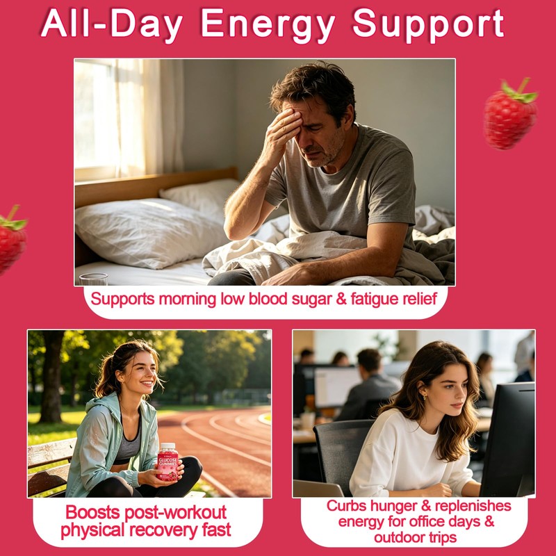 Glucose Gummies Raspberry Flavor, Quick Energy Fuel Support for Active