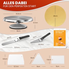BakeBuddy Professional turntable cake (set) - 30 cm aluminium cake turntable with non-slip base including 2 angled pallets and 3 stainless steel dough scrapers | sturdy rotating cake plate with cake