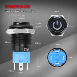 DaierTek 6pcs 12V Latching Push Button Switch LED Blue 12mm Power Button Waterproof ON Off Maintained 12 Volt Small Round Metal Black Wired for Marine Car Truck