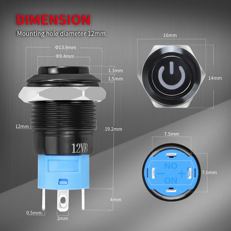 DaierTek 6pcs 12V Latching Push Button Switch LED Blue 12mm