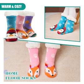 Toddler Girls Warm Fuzzy Socks for Kids Girls Winter Fluffy Socks Thick Thermal Floor Socks with Grips for Home 3 Pack Lovely Animals 2-4 Years