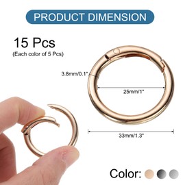 sourcing map 15 Pcs Trigger Spring O Rings, 0.8 Inch Round Snap Clip Small Welded Multi-Purpose Zinc Alloy Rings for Camping Dog Luggage Belt Craft DIY Accessories, Silver, Light Gold, Grey