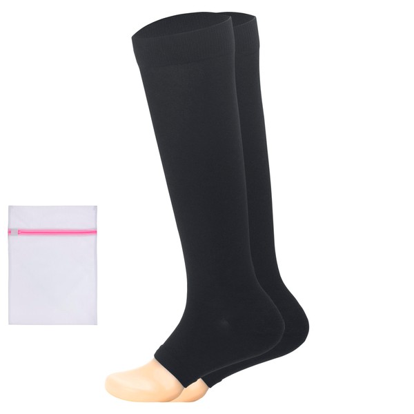 360 RELIEF Compression Socks for Women & Men - Open Toe Graduated Stockings Support for Travel, Running, Nurses, Flight, Maternity, Pregnancy | S/M, Black with Mesh Laundry Bag |