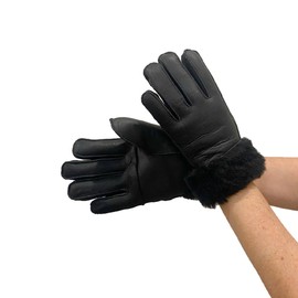 Leather Gloves for Mens Women Shearling Sheepskin Fu Winter Warm Gloves S-2XL (Black/Black Fur, 2XL)