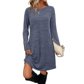 OFEEFAN Long Sleeve Dress for Women Sweater Fall Dresses Casual Tunic Dress with Pockets Knee Length Winter Dresses 2025 Black Blue L