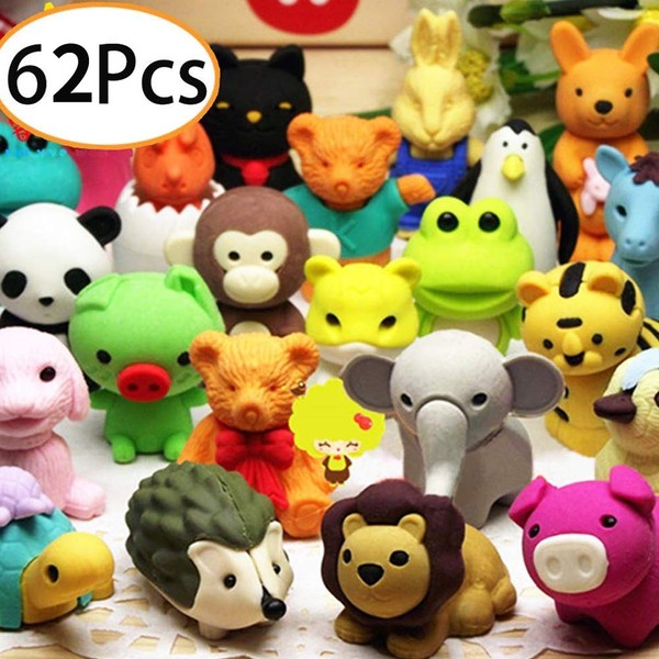 MAXZONE 62Pcs Animal Erasers Bulk Kids Pencil Erasers Puzzle Eraser Toys Mini Novelty Erasers for Party Favors, Classroom Rewards, Games Prizes, Carnival Gifts and School Supplies