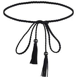 Women's Thin Braided Belt Trendy Boho Thin Belt Waistband Women Tassel Braided Waist Belt for Women Dress (Black)