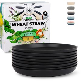 Grow Forward Premium Wheat Straw Plates - 10 Inch Hard Plastic Plates Reusable - Unbreakable Microwave Safe Deep Dinner Plates Set of 8 - Outdoor Plates for Patio, Camping, Picnic, Kids - Midnight