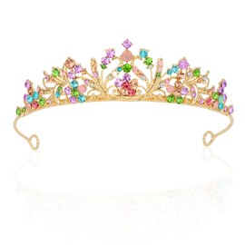 Norbiariz Colorful Opal Tiara Crown With 4 Gold Hairpins Womens Headband Princess Costume Elegant Round Crown For Girls Bridal Wedding Prom Birthday Party Tiaras For Women Hair Styling Accessories