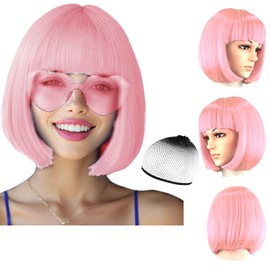 Party Wigs Wig Cap and Sunglass Set,Short Bob Hair Wigs Straight with Flat Bangs Synthetic Colorful Cosplay Daily Party Neon Wig for Women (Light pink)