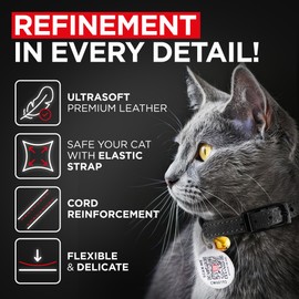 Leather Cat Collar with Bell & Elastic Strap - Pet Collar Leather - Leather Kitten Collar - Cats Small and Big Cat Collar for Boy Cats, Girl Cats with Safety Elastic Strap (Black, 6" - 8")