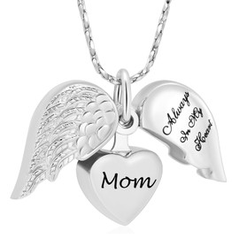 Imrsanl Cremation Jewelry for Ashes Heart Urn Necklace Pendants Ashes for Women Men Family Keepsake Memorial Angel Wing with Charm Heart for Loved Ones (Silver-Mom)