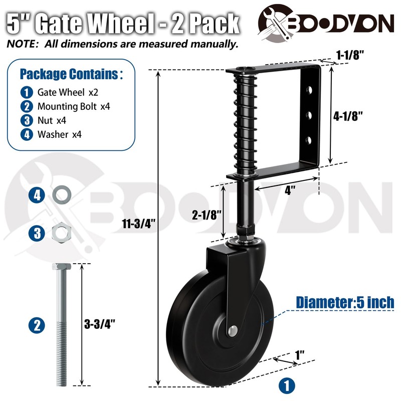 BOODVON 5" Heavy Duty Gate Caster, Spring Loaded Gate Wheels,