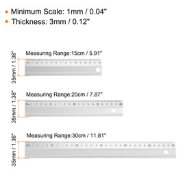 sourcing map 3pcs Cutting Ruler Metric Aluminum Alloy Straight Ruler Thickening Frosted Measure Ruler with Non-Slip Sponge Backing for Architects Artists Designers Classroom Office, Silver
