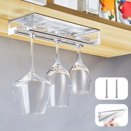LOXSUN Wine Glass Rack Under Cabinet, Stainless Steel Wine Glass Hanger, Self-adhesive or Drilling Hanging Wine Glass Rack, Wine Glass Holder Hanging Stemware for Cabinet Kitchen Bar (Silver)