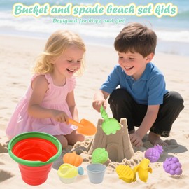 AolKee Pack of 11 Children's Beach Toys, Sand Toy, Foldable Bucket, Beach, Sand Pit Toy, Reusable, Watermelon Handheld Foldable Bucket, Summer Beach Games for Children