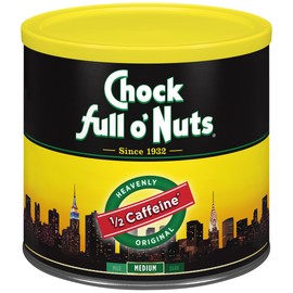Chock Full o’Nuts Heavenly Half Caffeine Ground Coffee, Medium Roast – Premium Coffee Beans – Full-Bodied, Bold Flavor Medium Blend with About Half the Caffeine of Original Roast (24 Oz. Can)