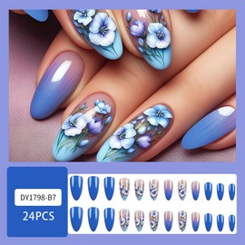 Flower Press on Nails Almond Medium Blue Fake Nails with Floral Designs Spring False Nails Blue French Tip Gel Acrylic Nails Almond Shaped Glue on Nails Cute Full Cover Stick on Nails for Women 24Pcs