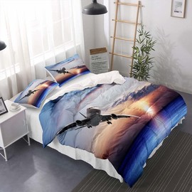 Jingzhang Aircraft Duvet Cover Sets 2Pcs，Flying White Planes Blue Sea Bedding Sets with Zipper Ties Pure White Planes Microfiber Duvet Sets with 1 Pillow Sham for Kids Adults,Twin Size