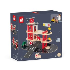 Janod - Bolid Wooden Fire Station - 5 Vehicles Included - Imagination and Fine Motor Skills - Water-Based Paints - 2 Years + J04639