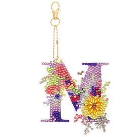 MWOOT Letter Diamond Art Painting Keychain, 5D DIY Flower Diamond Pasted Painting Keyring Charm, Double Sided Full Drill Mosaic Crystal Diamond Craft Pendant for Backpack Handbag Decor(M)