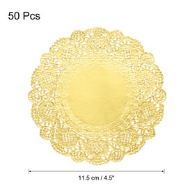 sourcing map 50 Pcs Gold Lace Paper Doilies 4.5 Inch Round Paper Doilies Tableware Disposable Foil Lace Paper Decorative Paper Placemats for Wedding, Birthday, Cakes, Desserts, Tableware Food