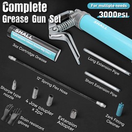 SHALL Mini Grease Gun Kit (3.52OZ, 3000PSI) with Accessories: 2x 4-Jaw Couplers, Sharp Nozzle, Extension Adapter, 3OZ Grease, Reinforced Glove & Cleaner