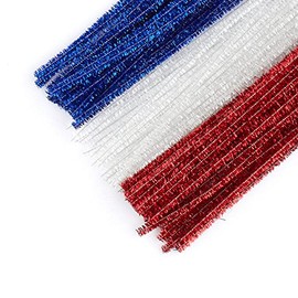 Pack of 300 Red White and Blue Metallic Tinsel Pipe Cleaners. Fuzzy Stick Tinsel Stems for Patriotic 4th of July and Americana Crafts - Size: 12 Inches Long x 6 mm Dia.
