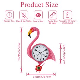 HOBYLUBY Large Outdoor Clock Silent Non-Ticking, Flamingo Outdoor Wall Clock with Thermometer & Humidity Decorative Outdoor Clocks for Patio, Garden, Home Decor