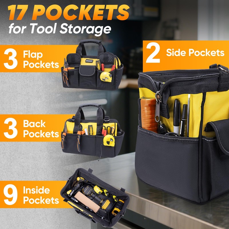 TICONN Heavy Duty Tool Bag with Multi-Pockets, Portable Tool Box