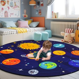 Round Space Rug for Kids Room Solar System Circle Rugs for Bedroom Kids Rugs for Playroom Boys Space Planet Theme Rug Living Room Dining Room Decor 40x40 inch