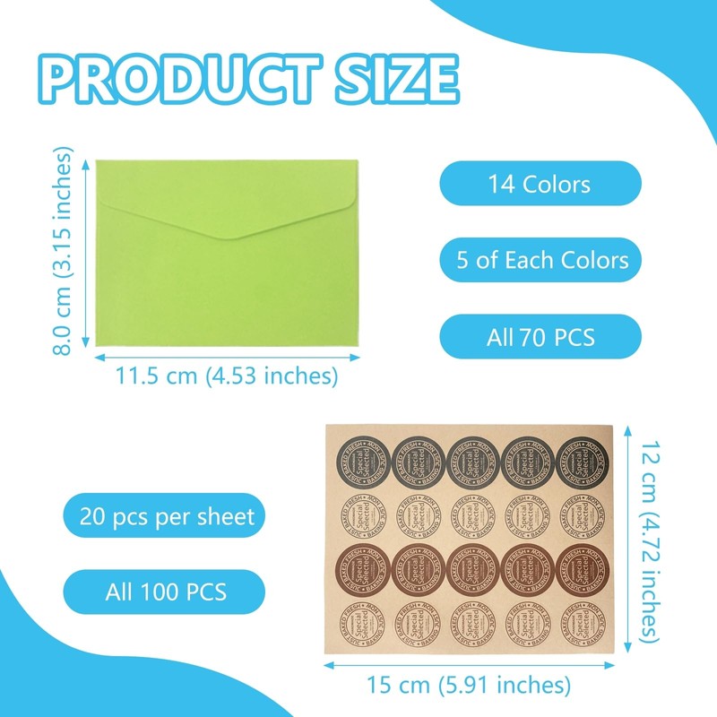 70pcs Mini Envelopes, Small Coloured Envelopes with 100 Stickers, Tiny