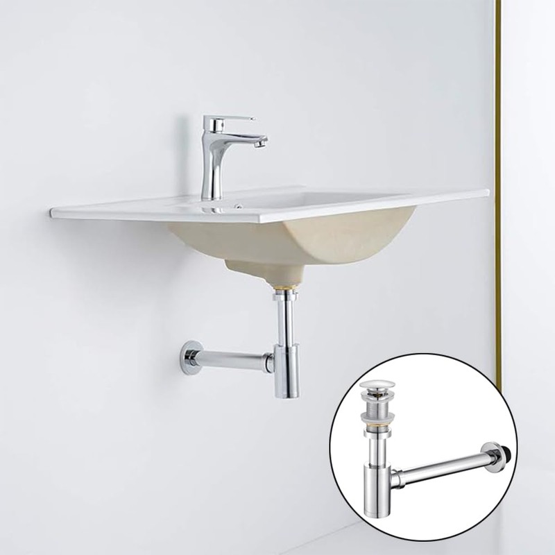 Silver, Solid Brass Bathroom Sink Drain Kit, Adjustable Bottle Trap,