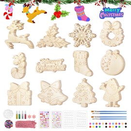 Pcuntslo 60Pcs Wooden Christmas Baubles, Hanging Christmas Tree Decorations Kit, DIY Christmas Crafts with Unfinished Wood Slices, Bells, Rhinestone Stickers, Colored Pigments