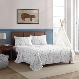 Eddie Bauer Kids - Queen Sheets, Stain-Resistant Toddler Bedding with Matching Sham(s), Super Soft, Ideal Boy Room Essentials (Big Foot Hiking Trip White, Queen)