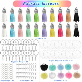 MWOOT 150 Pcs Acrylic Keyring Blanks Set, with Round Clear Acrylic Keychain Blanks, Key Rings, Colorful Tassels Pom Pom, Eye Screws, Jump Rings, Keychain Accessories for DIY Crafts and Keyring Making