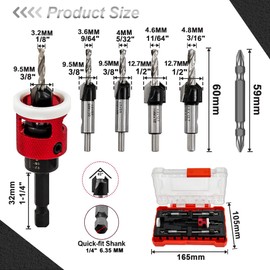 FOCSTOL Countersink with Depth Stop - 5 Pieces (3.2/3.6/4/4.4/4.8 mm) Countersink Drill Bit Set with 6.35 mm Quick Change Hex Shank for Wood, Plastic, Woodworking