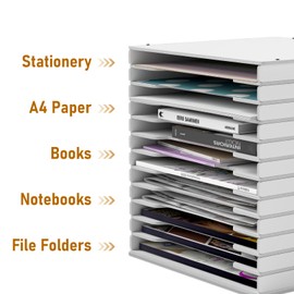 Bimiti Scrapbook Paper Organizer - Adjustable 12 Slot 12x12 Desktop Shelves, Letter Tray Paper Storage Rack Cube for Home Office - White