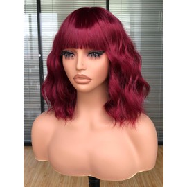 CoCrowns Short Wavy Wig with Air Bangs Shoulder Length Women's Short Bob Curly Wavy Black Synthetic Wig Soft Hair (Burgundy)
