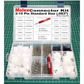 287pcs Molex 2-15 Pin 14A Connector Kit 0.093", Wire Gauge 14-22 AWG w/Remove Tool