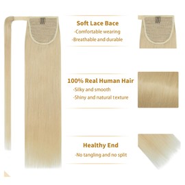 SEGO Ponytail Extension, Real Hair, Ponytail Braid, Hairpiece, Hair Extension, Heat Resistant, 40.64 cm (80 g) Light Blonde #613-1