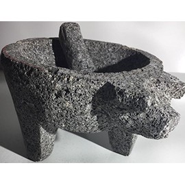 Made in Mexico Genuine Mexican Manual Guacamole Salsa Maker Volcanic Lava Rock Stone Molcajete/Tejolote Mortar and Pestle Herbs Spices Grains Front Pig Head 10"