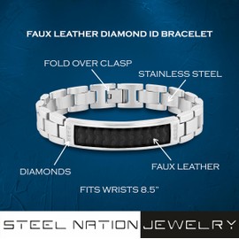 Men's 8.5" Accent Stainless Steel & Faux Leather ID Bracelet
