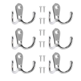 Yesmin 6 Pcs Double Prong Robe Hooks, Dual Coat Hooks Wall Mounted Hanging Clothes for Bathroom Bedroom Door Wall Retro Metal Cloth Hanger Double Coat Hooks with 8 Screws-Sliver