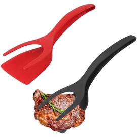 PengLAI Egg Flipper Spatula,2 in 1 Frying Tongs and Flip Spatula Tongs,2 PCS Non-Stick Egg Turners Pancake Fish French Toast Omelet Making Home Kitchen Cooking Tools (Black and Red)